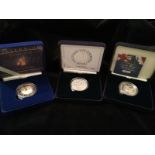 Three silver proof crowns, Entente Cordiale, Coronation Jubilee 2003, Milleneium 2000. All are in