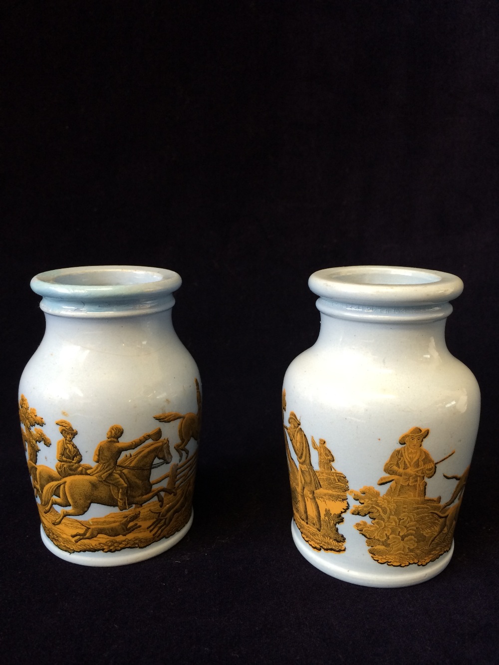 Pair of English Pratt Ware pots with Hunting Scene with registered Diamond mark both made 19th