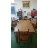 Large Carved Pine Table with four chairs