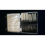 6 Tea Knives - boxed, white metal with mother of pearl handle.