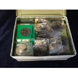 Metal Box containing a large quantity of Crowns and many uncirculated coins