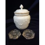 Ceramic biscuit barrel and pair of glass candlesticks