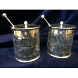 Pair of silver plate jam pots with spoons