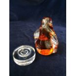 Wedgwood glass amber penguin and heart motif paperweight.