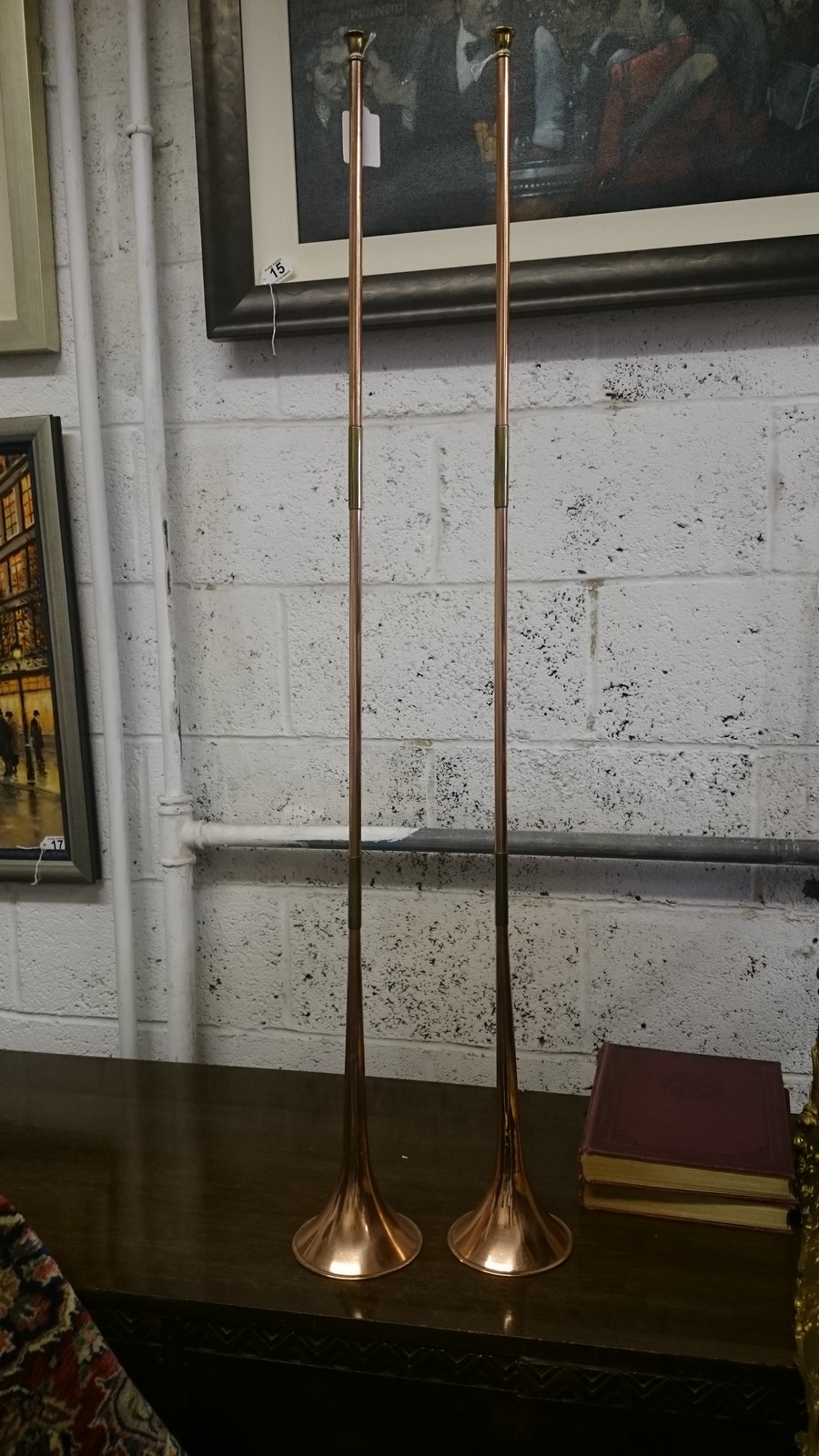 Pair of Fine Copper Post Horns 4' Long