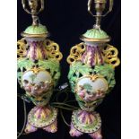 Pair of repousse mid 1950's Capodimonte urns, converted into table lamps with hummingbird finials.