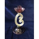 Murano Glass candlestick probably Salviati Amythest with clear rope twisted with gold inclusions c.