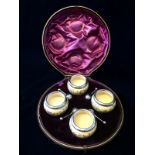 Set of Victorian salts, boxed, with hallmarked silver spoons and mounts, 1 cellar AF.