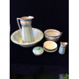 Art Nouveau Pale Blue with Pink Heart Design Washing set to include, washing bowl, Jug, Chamber pot,