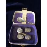 Jewellery box containing four silver trinket boxes and a silver caddy spoon hallmarked 1989