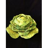 Green Cabbage Leaf ceramic soup tureen in 3 parts: Saucer, Bowl and Lid.