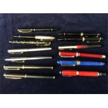 A large selection of ink and roller ball pens to include two Mont Blanc Meisterstuck, Cross, Parkers