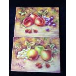 Bryan Cox a pair of Royal Worcester Porcelain Plaques depicting peaches, grapes, plums,