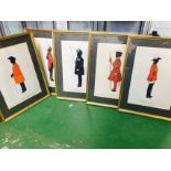 Five framed prints of ceremonial military dress.