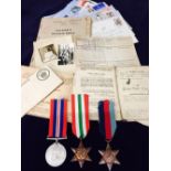 WW2 Medals to include Italy star, 1939-45 star, War Medal 1939-45 and a packet of assorted documents