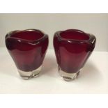 Pair of Whitefriars Molar vases ruby glass cased in clear crytsal designed by William Wilson 1957