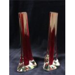 Pair of Whitefriars ruby glass cased in clear three sided vases by Geoffrey Baxter circa 1960.
