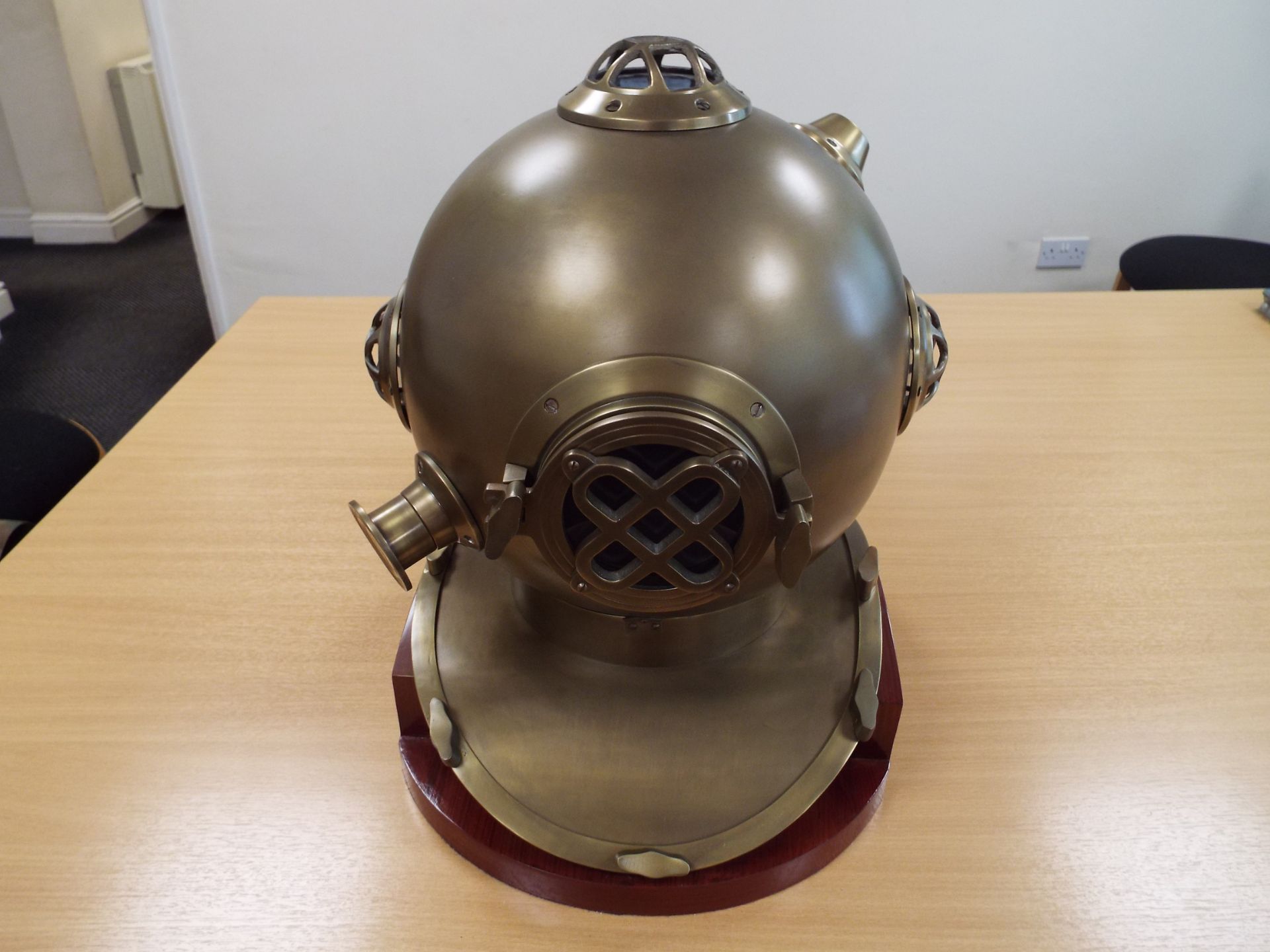 Replica Full Size U.S. Navy Mark V Brass Diving Helmet on Wooden Display Stand - Image 2 of 9