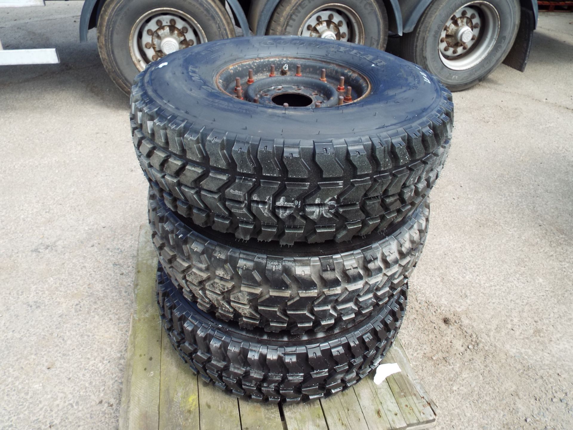 3 x Goodyear Wrangler MT 37x12.50 R16.5LT Tyres with 8 Stud Rims