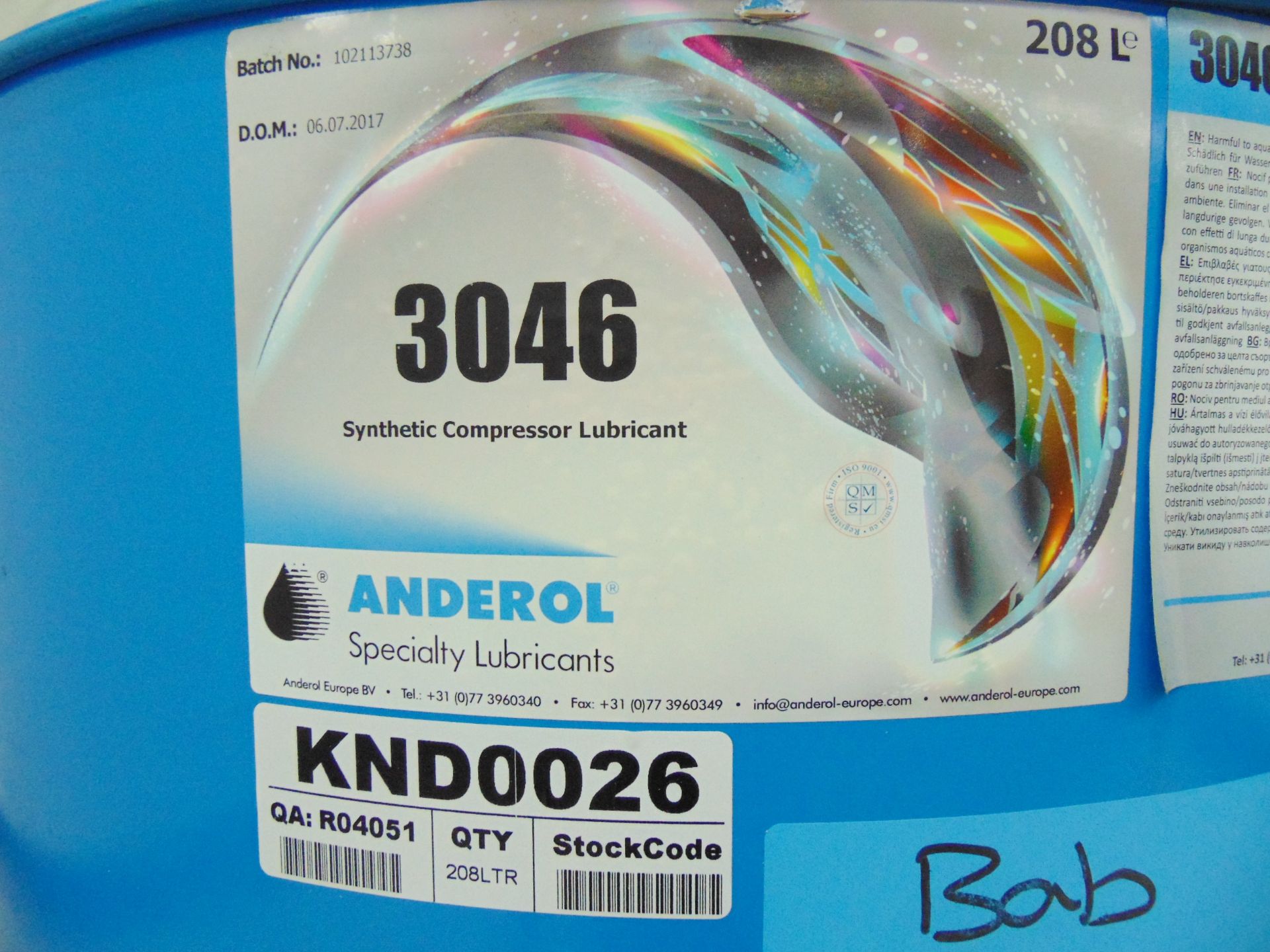 2 x Unissued 208L Barrels of Anderol 3046 Synthetic Compressor Oil - Image 3 of 7