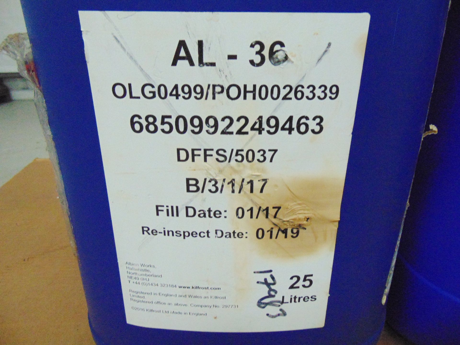 2 x Unissued 25L Tubs of Kilfrost AL-36 Aircraft Windscreen Washer & De-Icer - Image 2 of 3