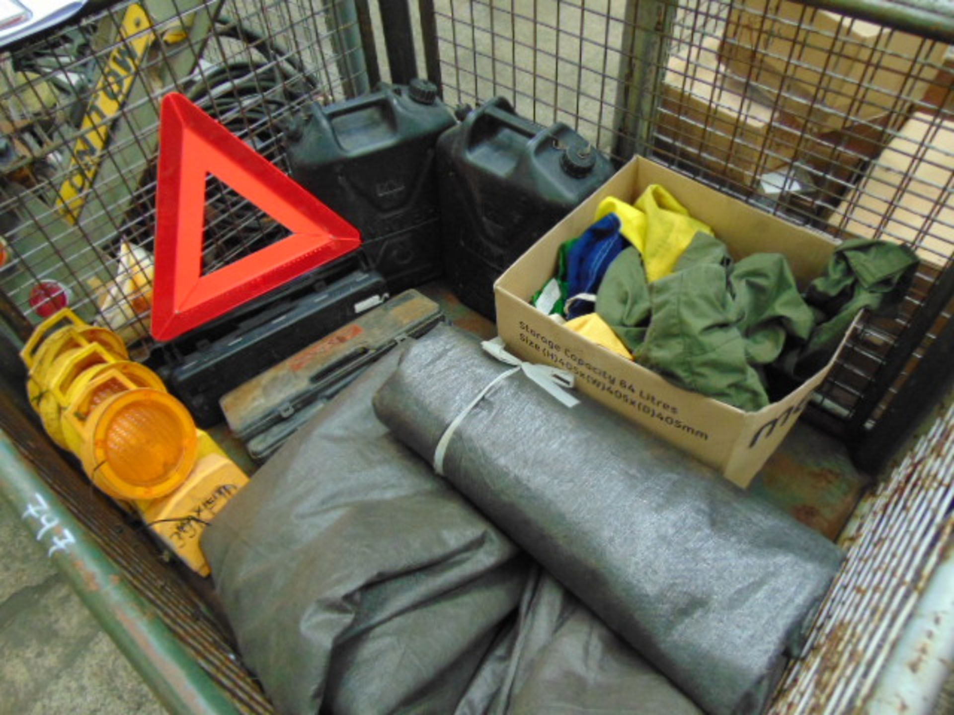 Mixed Stillage of 20 Litre Water Carriers, Thermal Sheets, Warning Triangles, Convoy Flags etc