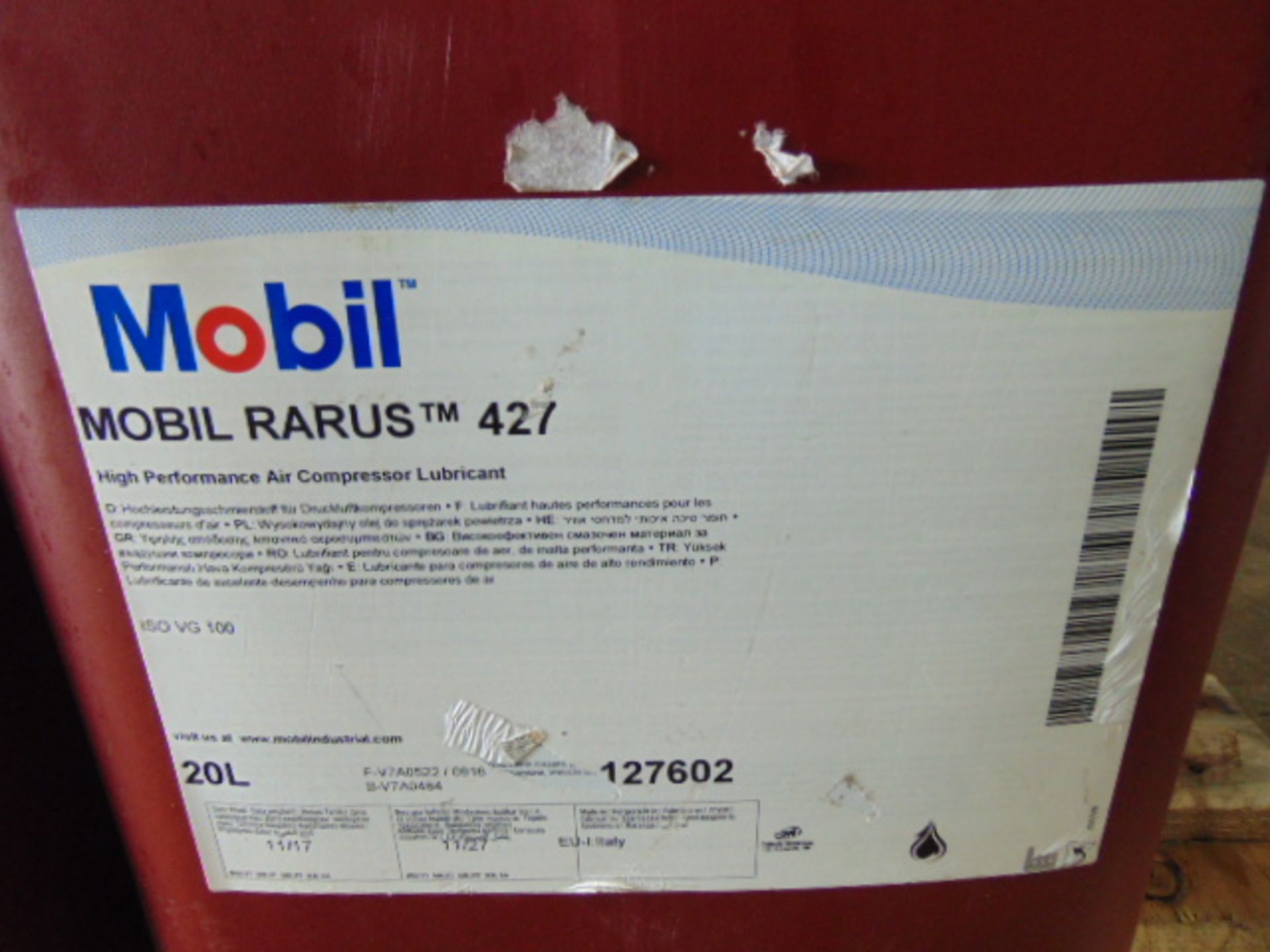 6 x Unissued 20L Drums of Mobil Rarus 427 Air Compressor Lubricant / Oil - Bild 3 aus 5