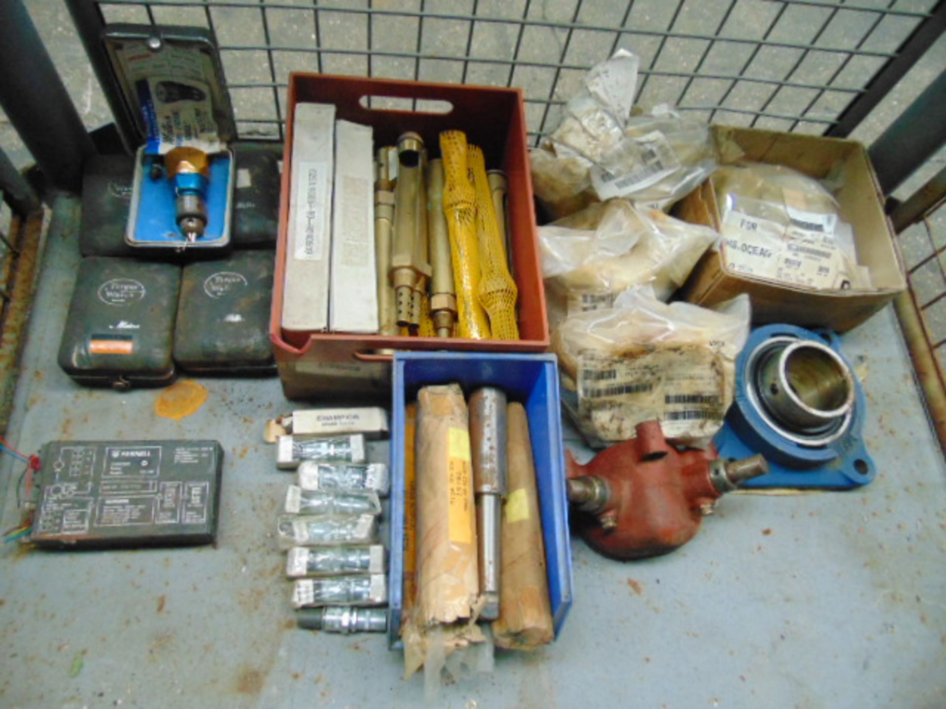 Stillage of Mixed Tools, Spark Plugs, Bearings, Drive units etc