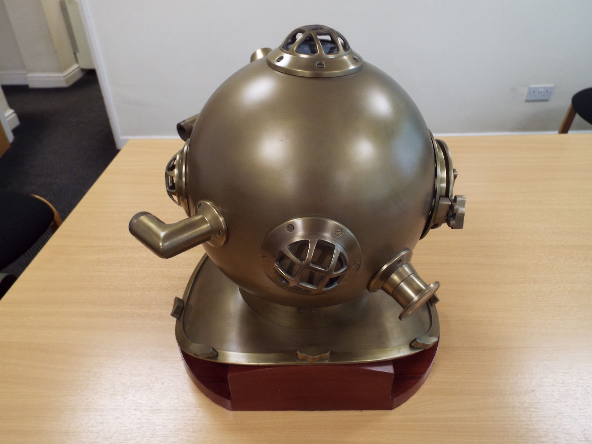 Replica Full Size U.S. Navy Mark V Brass Diving Helmet on Wooden Display Stand - Image 3 of 9