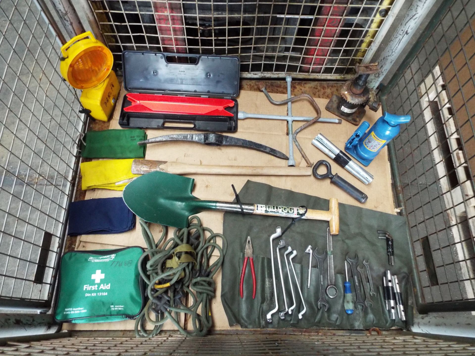 Stillage of Mixed Land Rover CES Equipment consisting of Jacks, Pioneer Tools, FFR Tool Kit etc