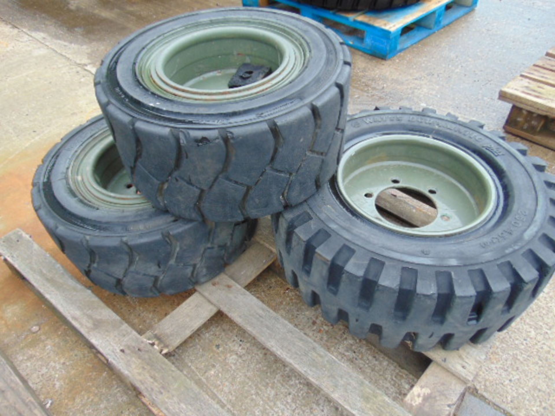 2 x Wall-An-A-Half 23 x 10.1 and 1 x Watts Duramatic Plus 250 x 15 Tyre on Rims