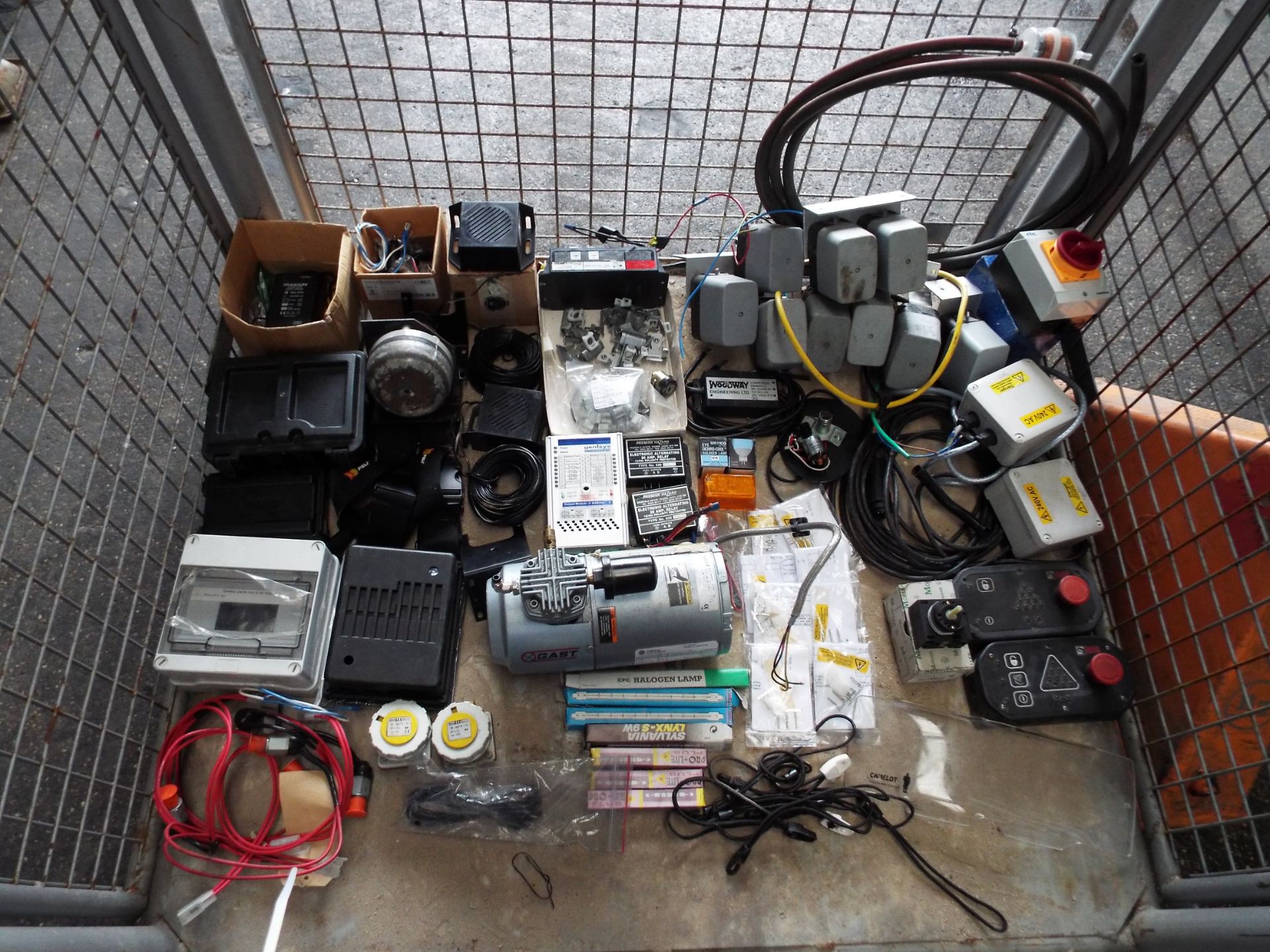 Mixed Stillage containing Compressor, Battery Chargers, Relays, Speakers etc etc