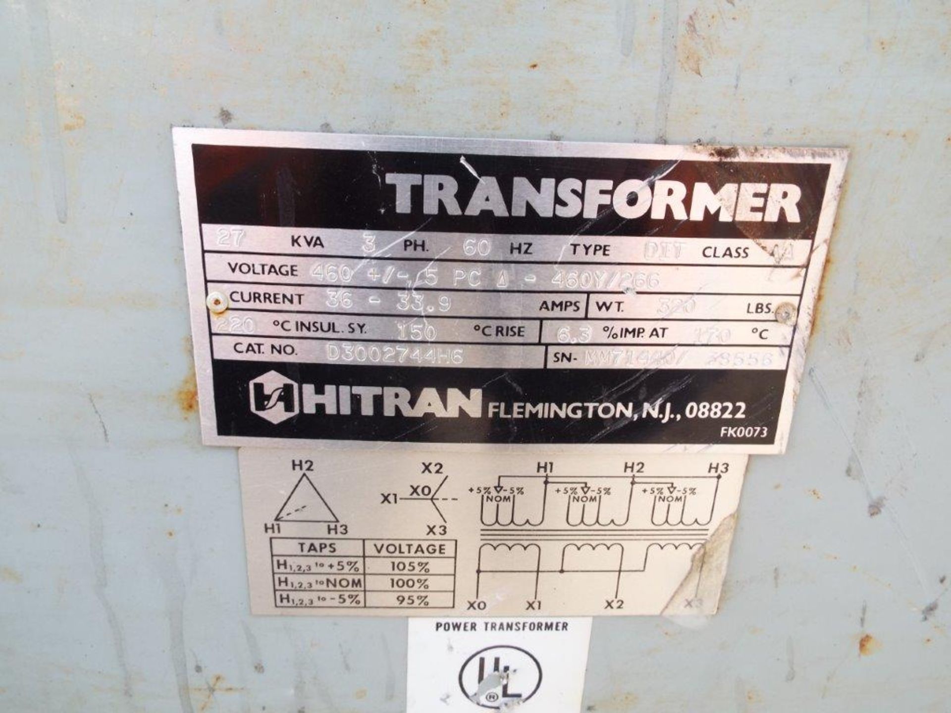 Hitran 27 KVA 460 Volt Delta to 460Y/266 D3002744H6 3 Phase Transformer with Cooling Unit - Image 3 of 10