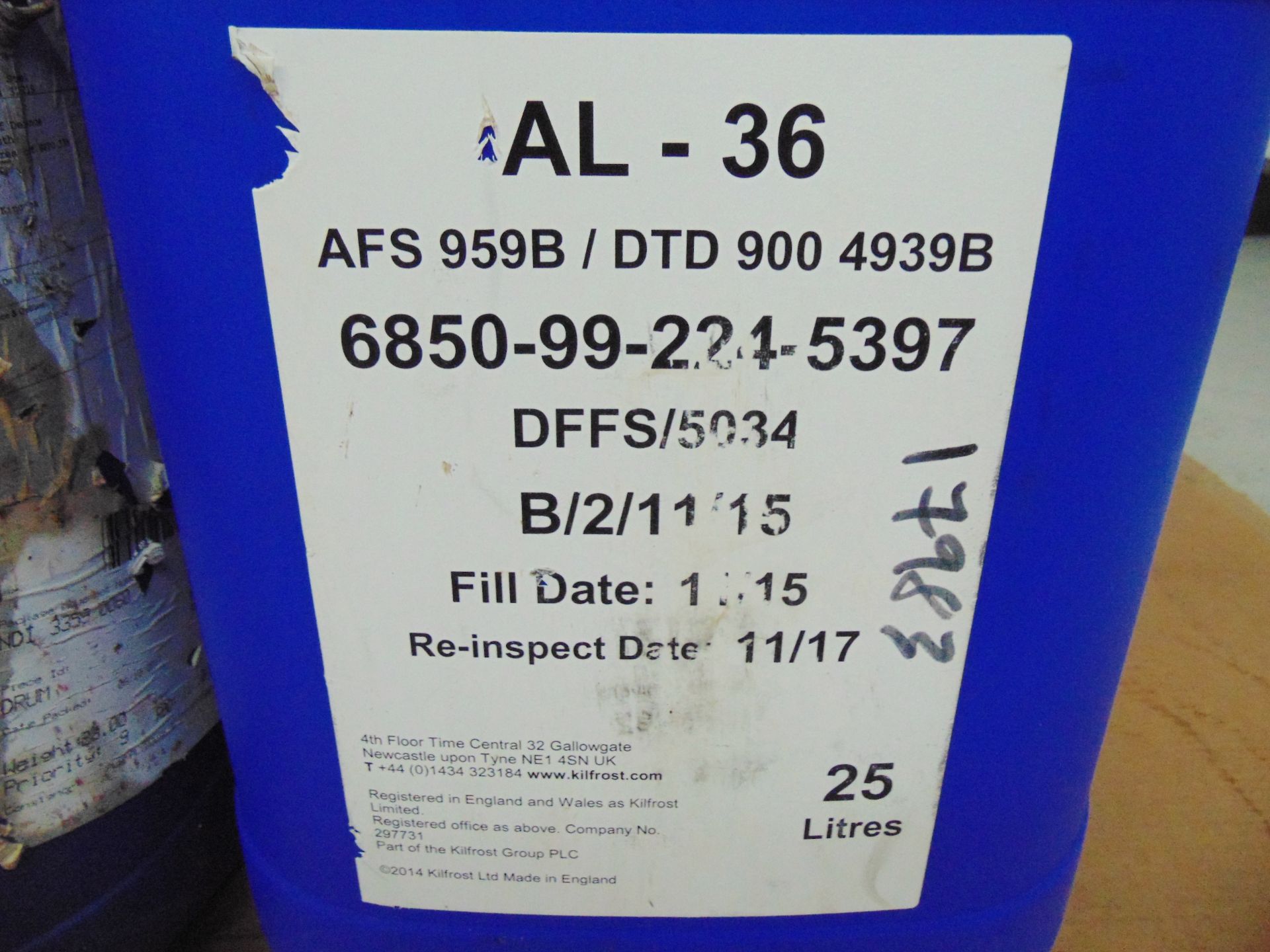 2 x Unissued 25L Tubs of Kilfrost AL-36 Aircraft Windscreen Washer & De-Icer - Image 3 of 3