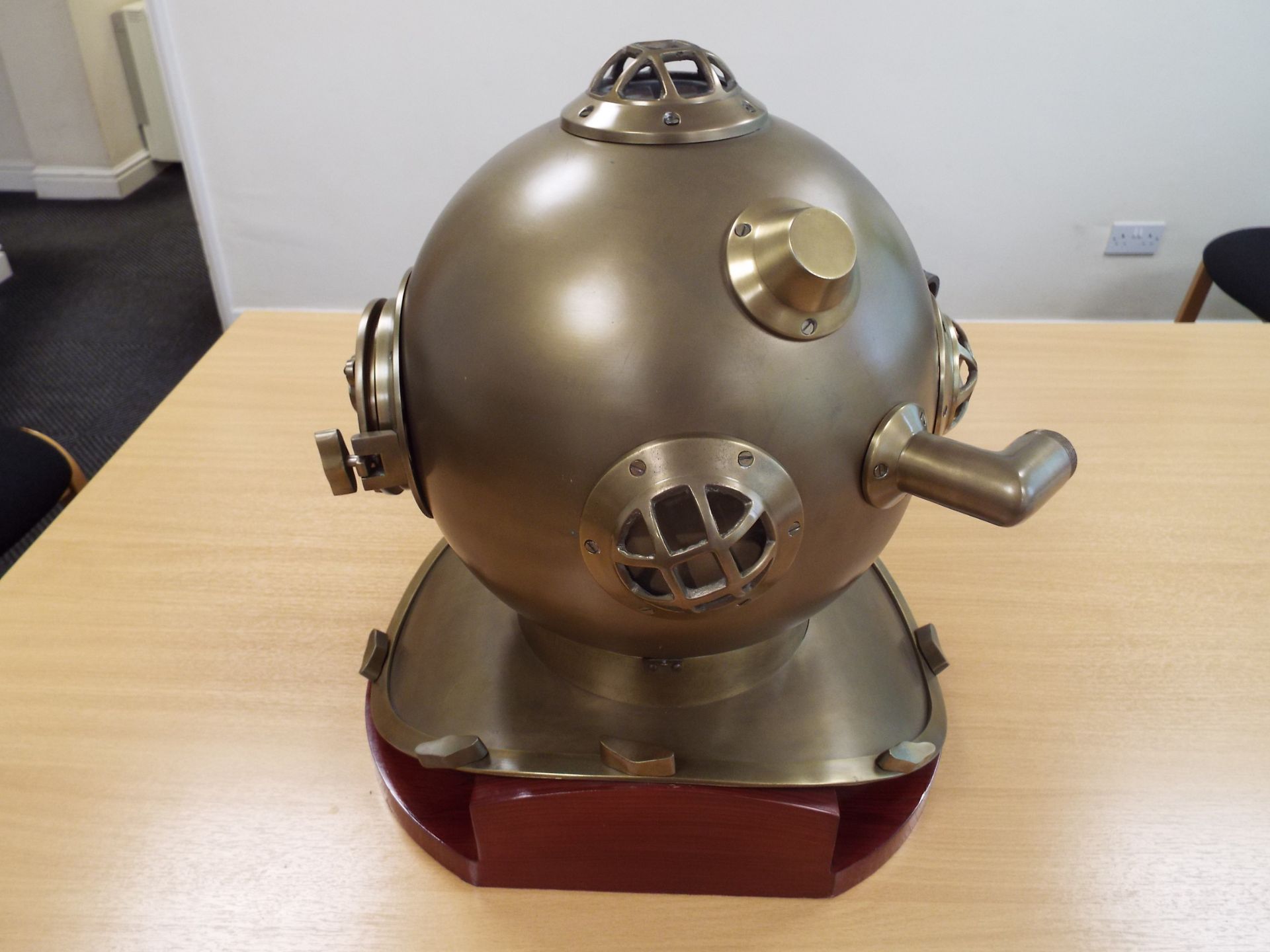 Replica Full Size U.S. Navy Mark V Brass Diving Helmet on Wooden Display Stand - Image 5 of 9