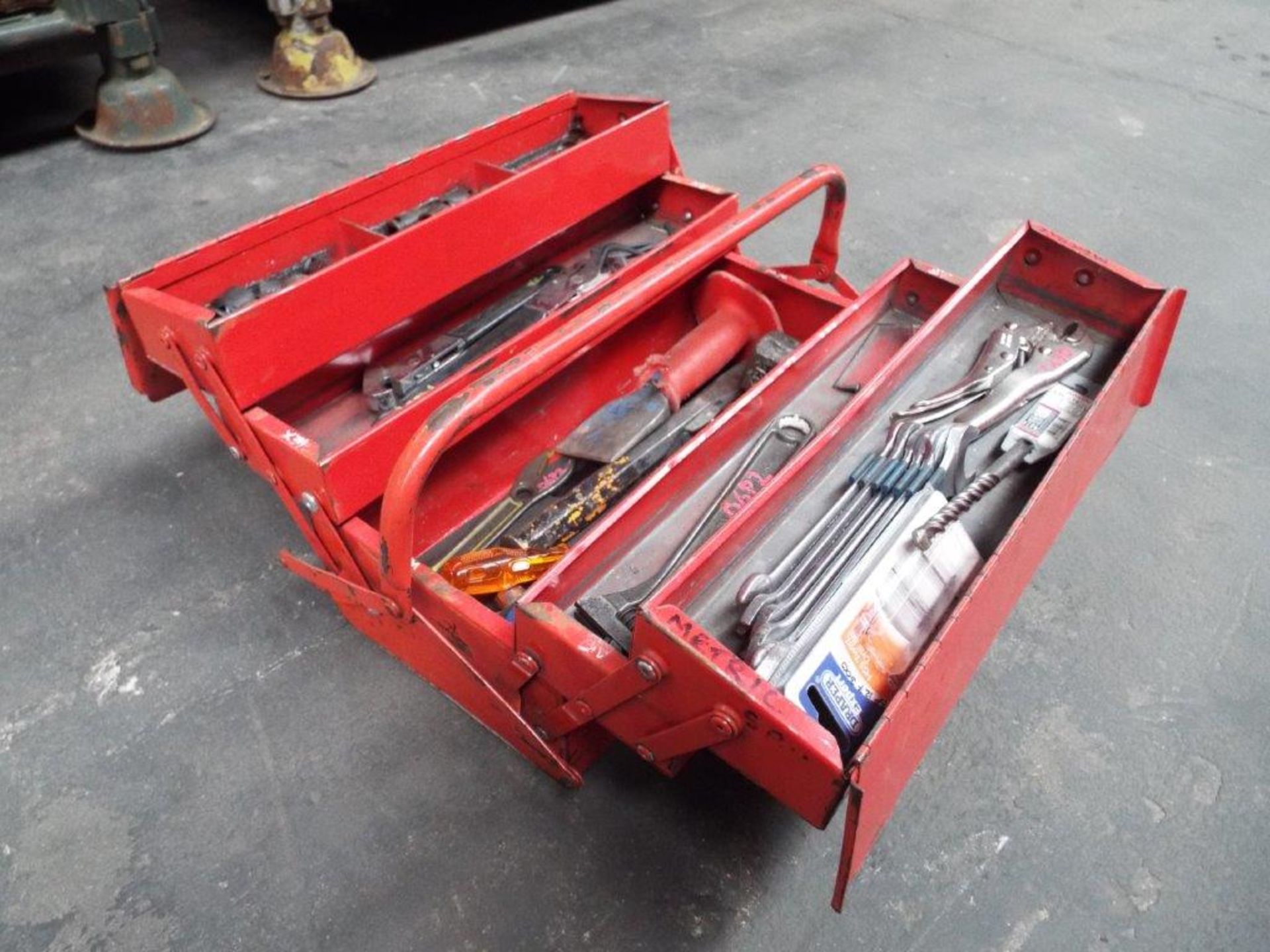 Heavy Duty Steel Cantilever Tool Box Complete with a Selection of Tools