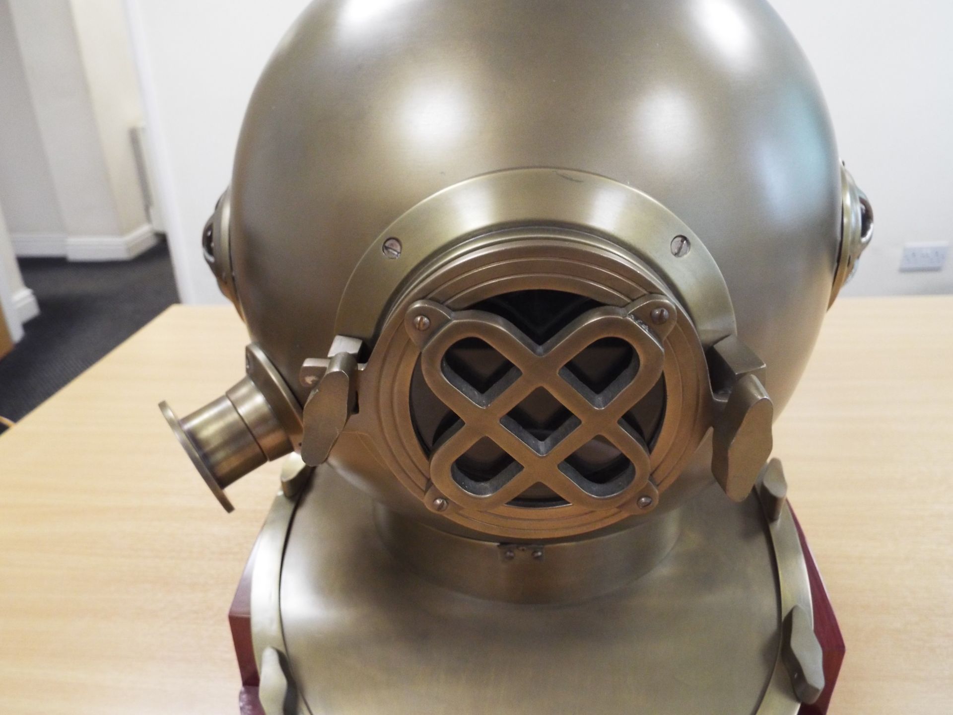 Replica Full Size U.S. Navy Mark V Brass Diving Helmet on Wooden Display Stand - Image 7 of 9