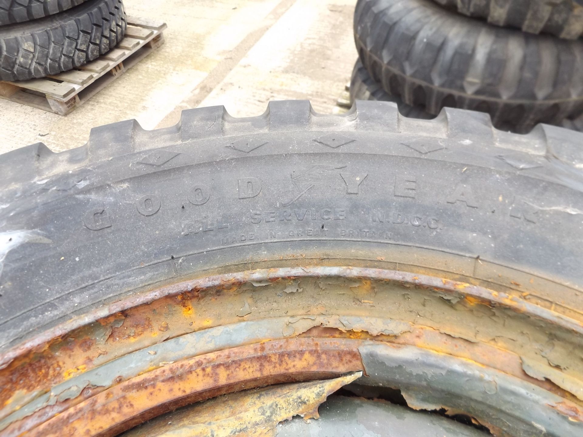 4 x Goodyear 11.00 20 12 Ply Tyres complete with 10 stud rims - Image 2 of 6