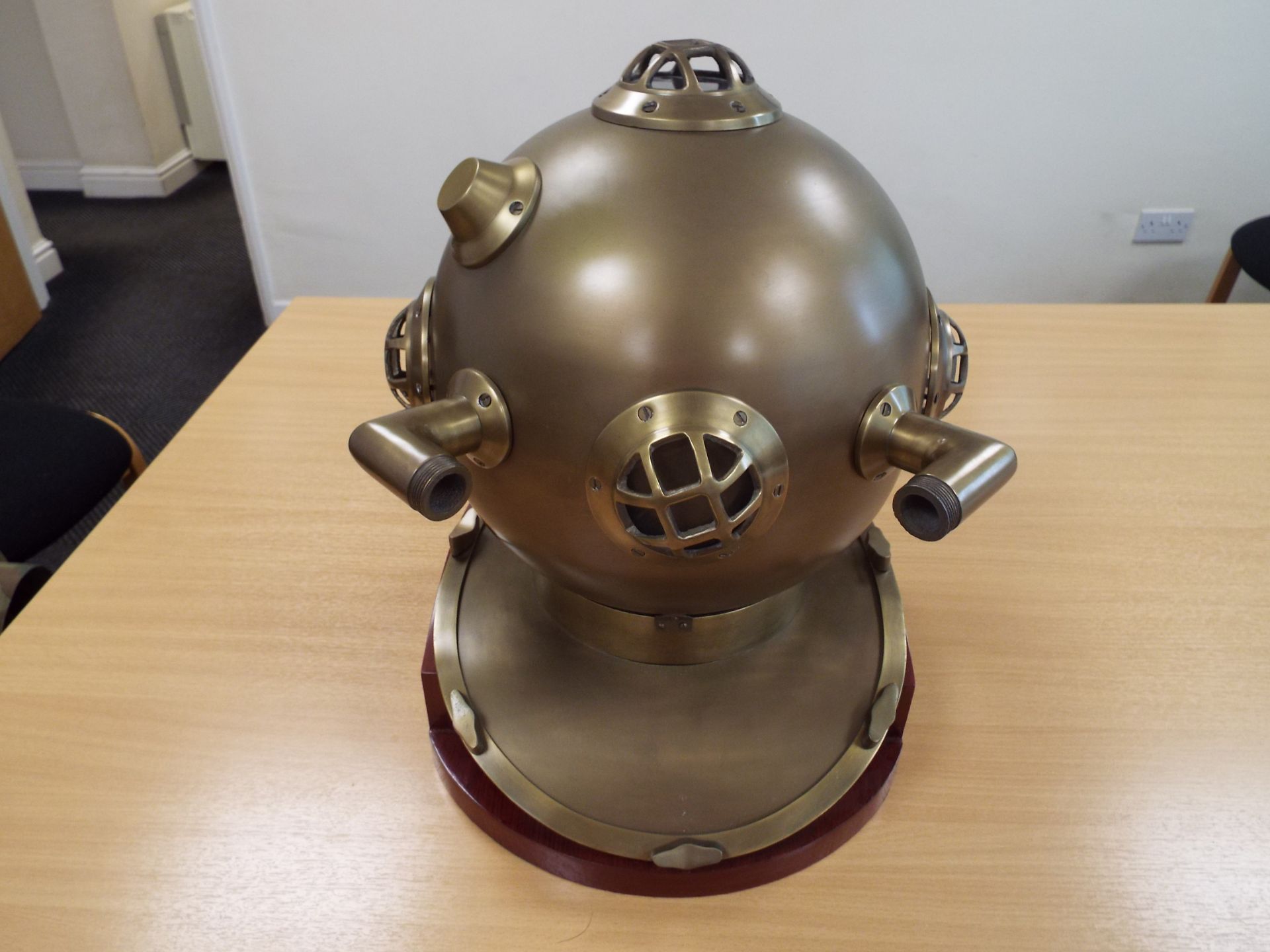 Replica Full Size U.S. Navy Mark V Brass Diving Helmet on Wooden Display Stand - Image 4 of 9