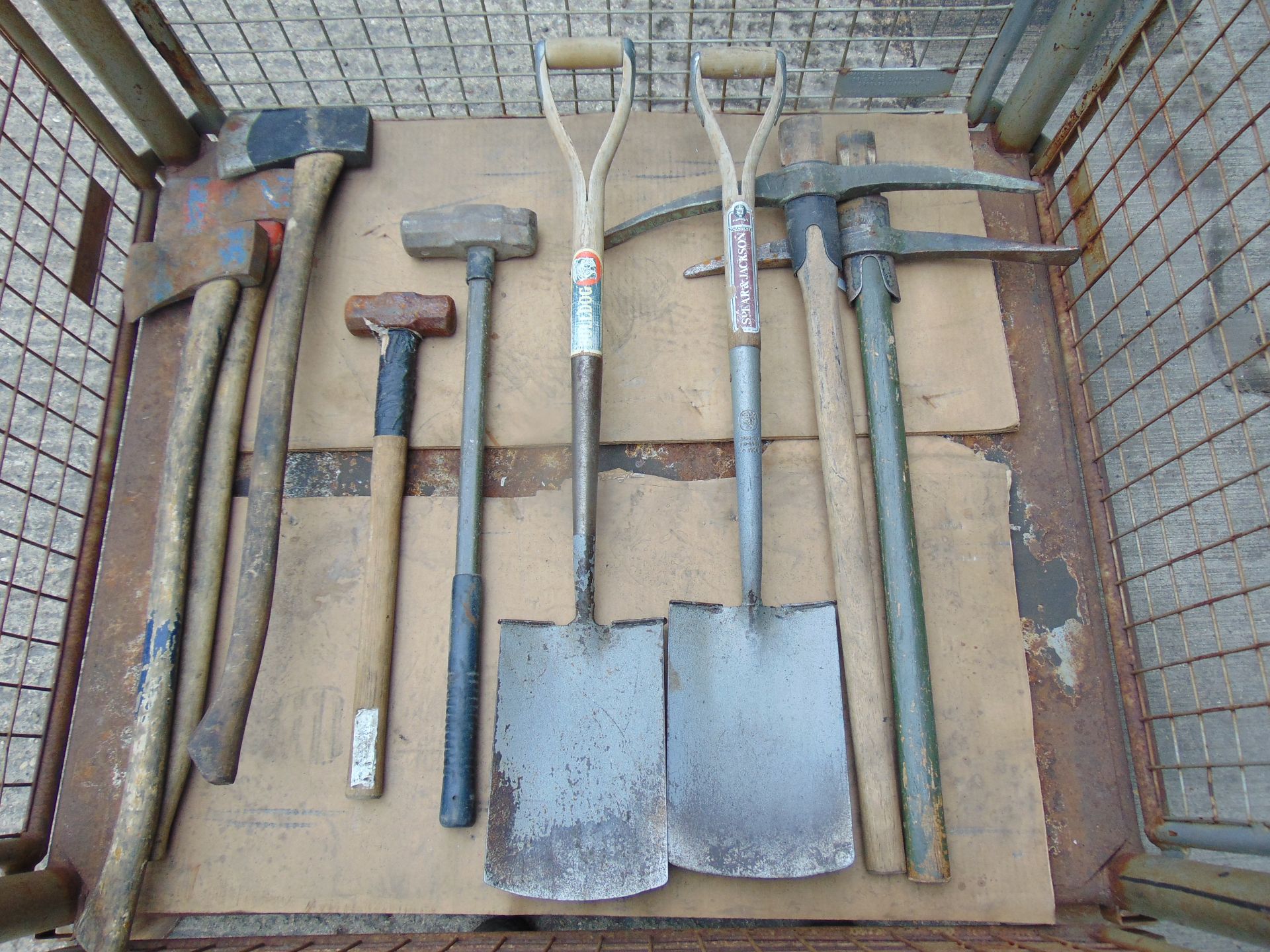 Stillage of 9 x Mixed Hammers, Shovels, Axes etc