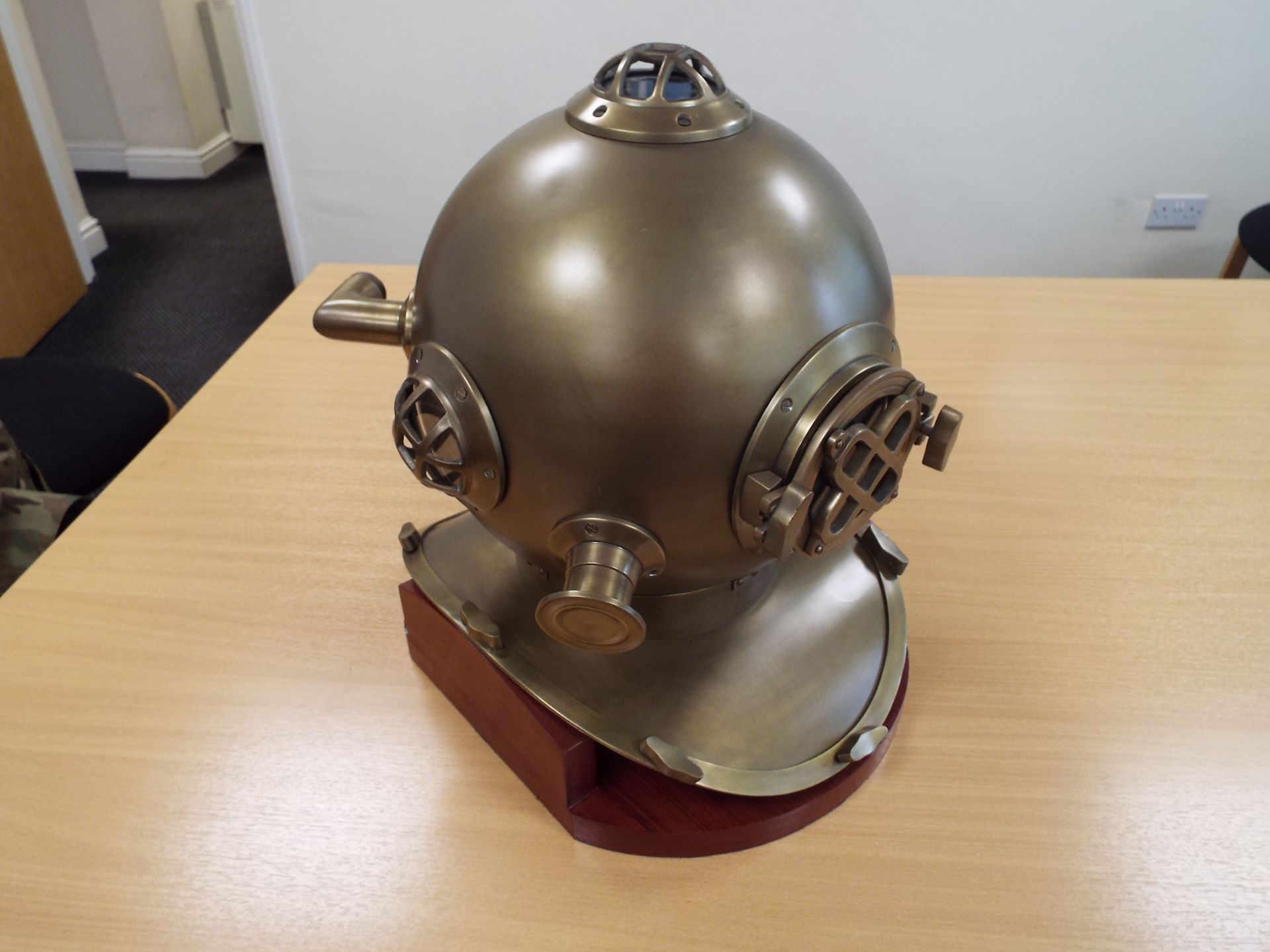 Replica Full Size U.S. Navy Mark V Brass Diving Helmet on Wooden Display Stand