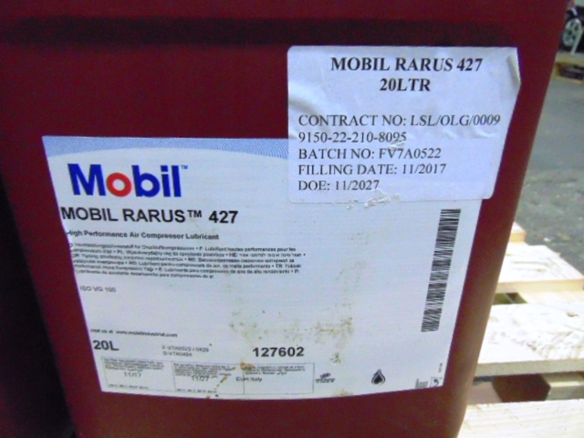 7 x Unissued 20L Drums of Mobil Rarus 427 Air Compressor Lubricant / Oil - Bild 3 aus 5