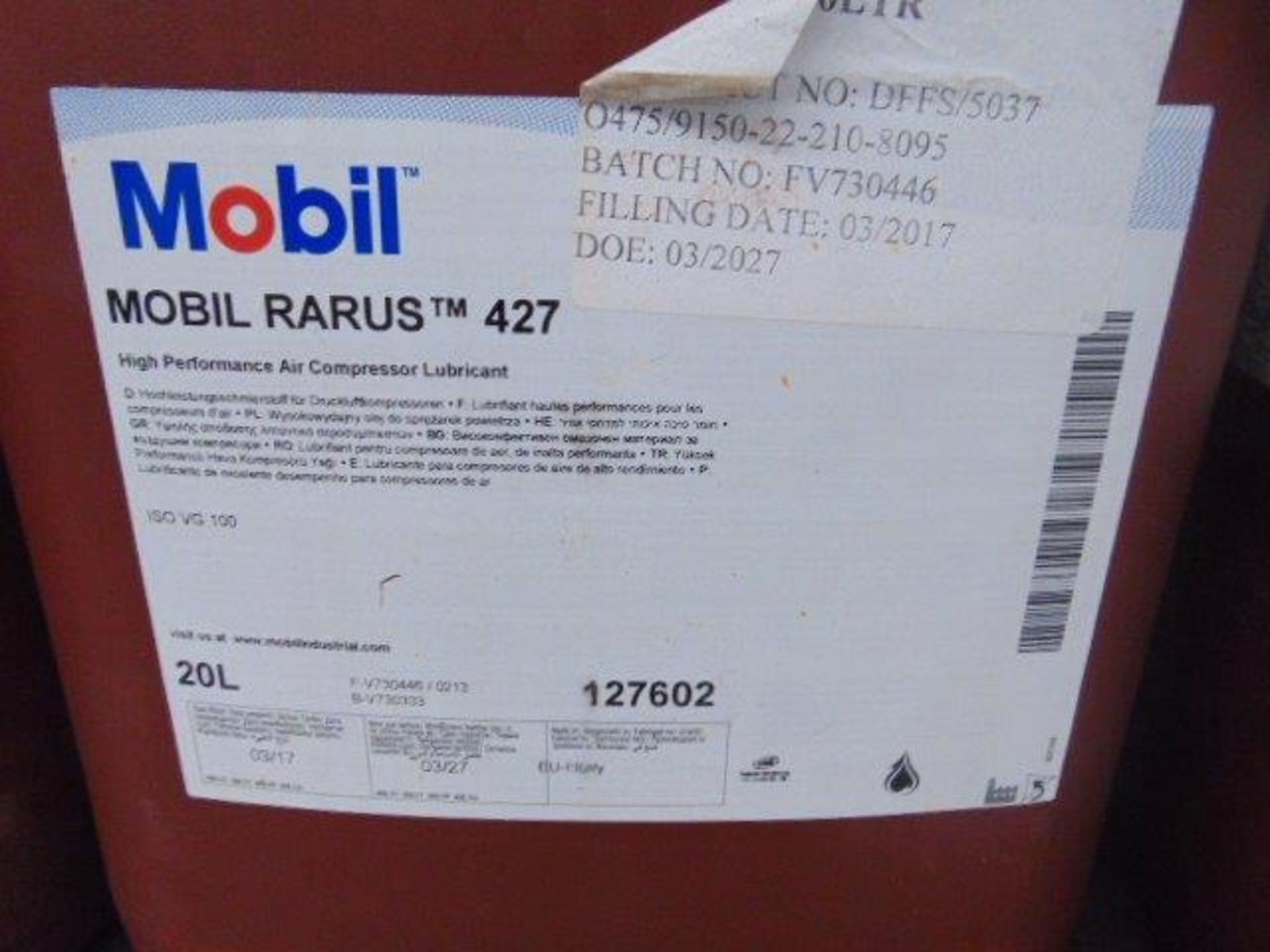 15 x Unissued 20L Drums of Mobil Rarus 427 Air Compressor Lubricant / Oil - Image 3 of 4