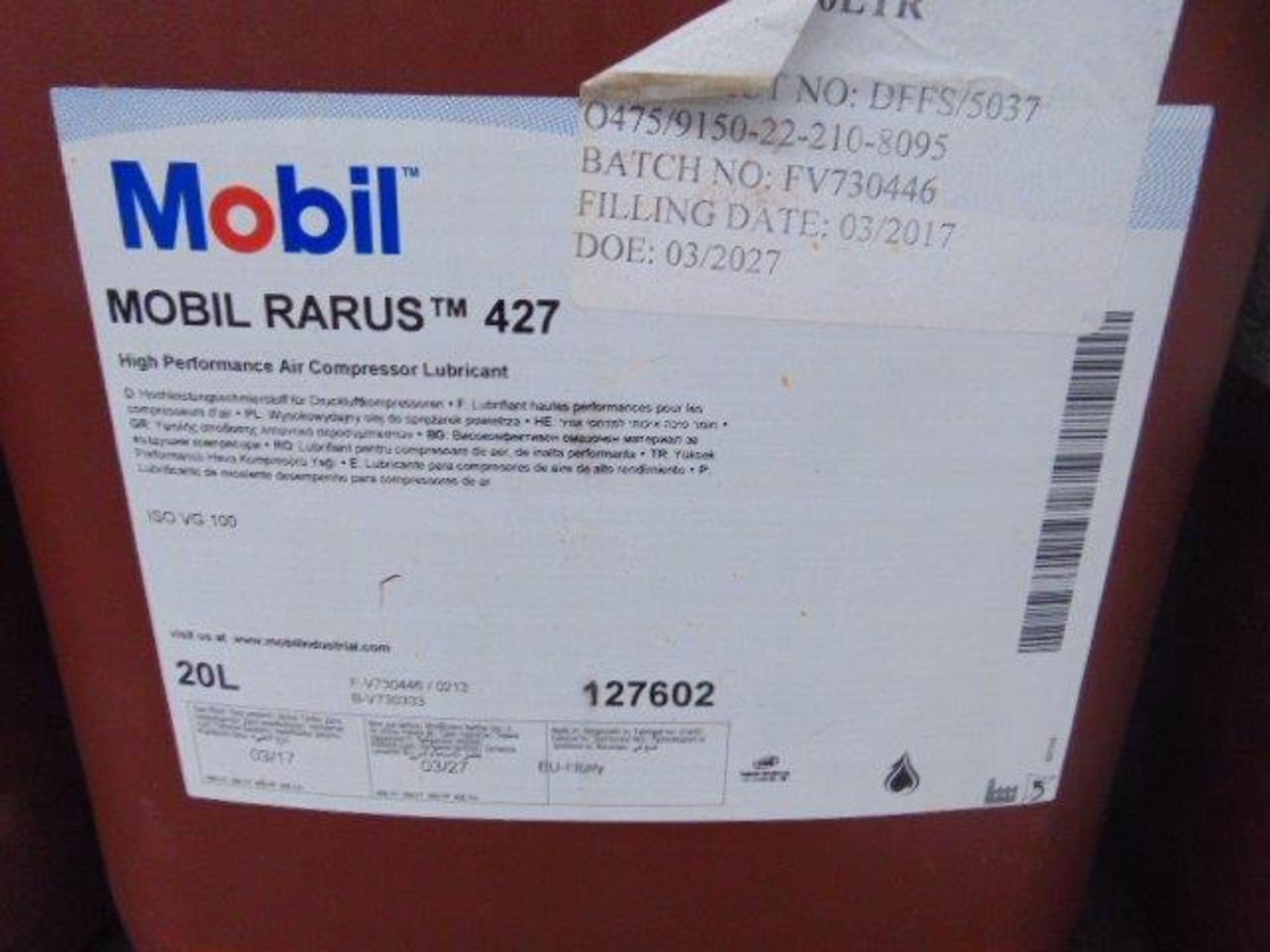 15 x Unissued 20L Drums of Mobil Rarus 427 Air Compressor Lubricant / Oil - Bild 3 aus 4