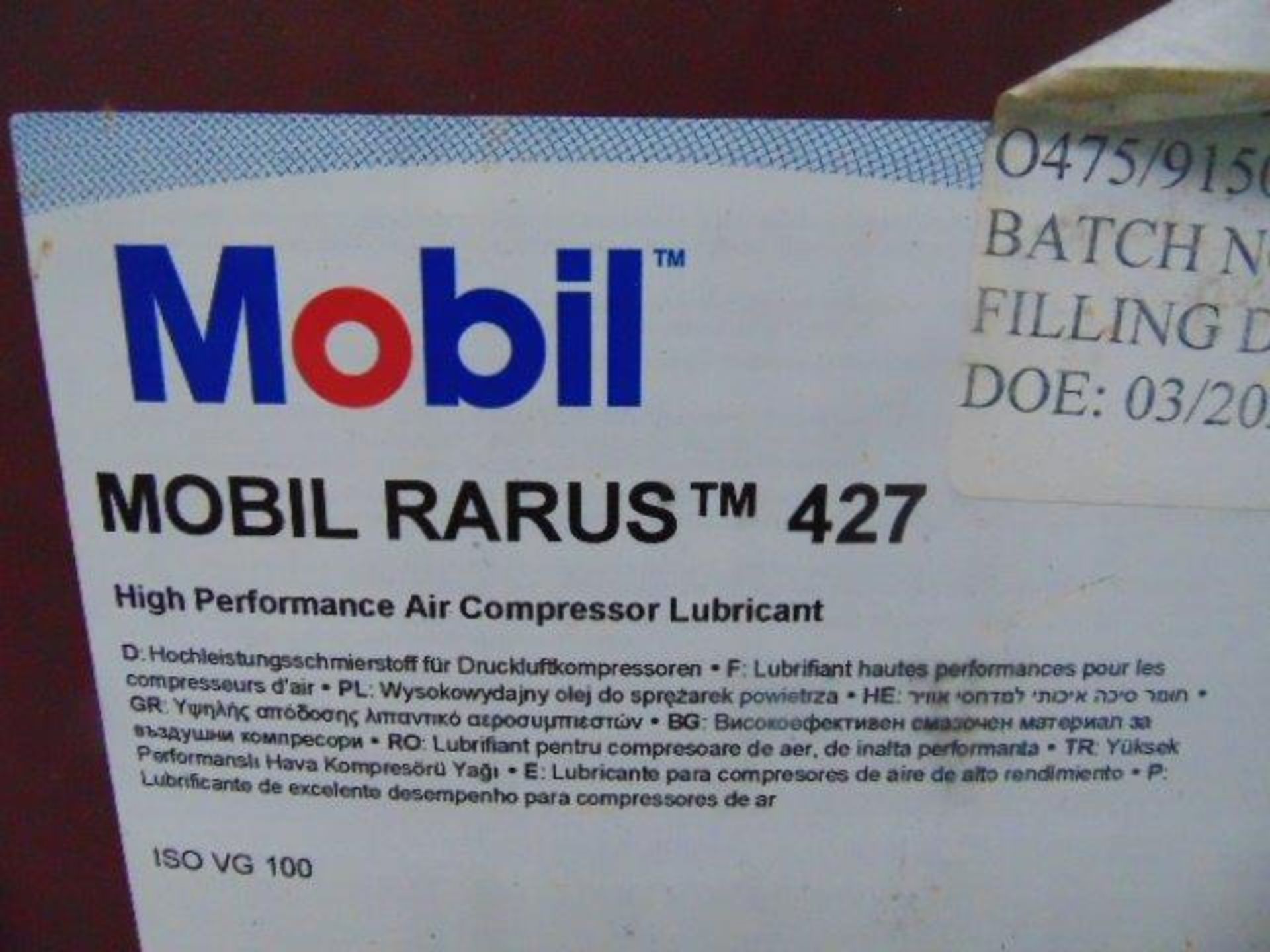 15 x Unissued 20L Drums of Mobil Rarus 427 Air Compressor Lubricant / Oil - Image 4 of 4