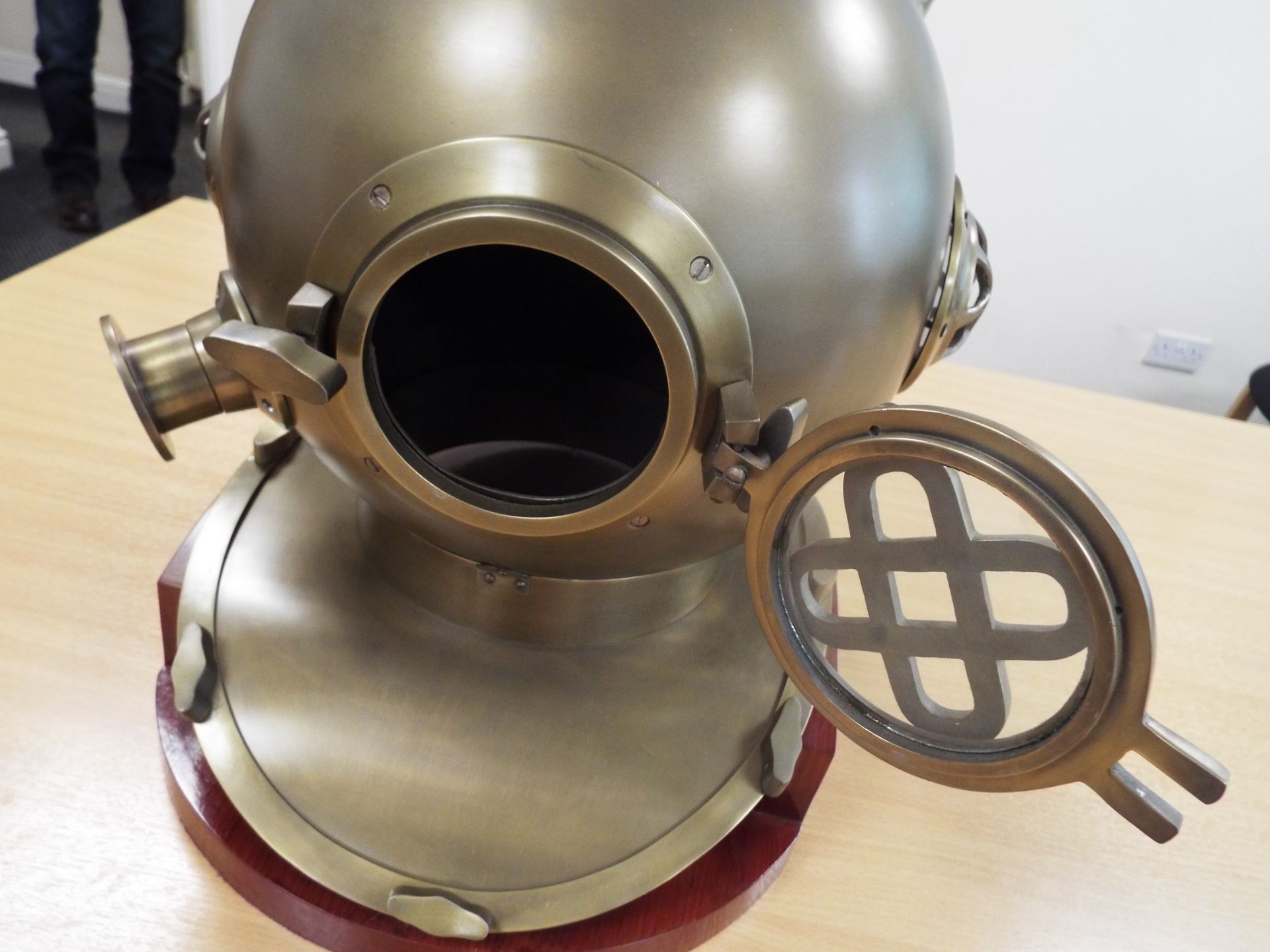 Replica Full Size U.S. Navy Mark V Brass Diving Helmet on Wooden Display Stand - Image 8 of 9