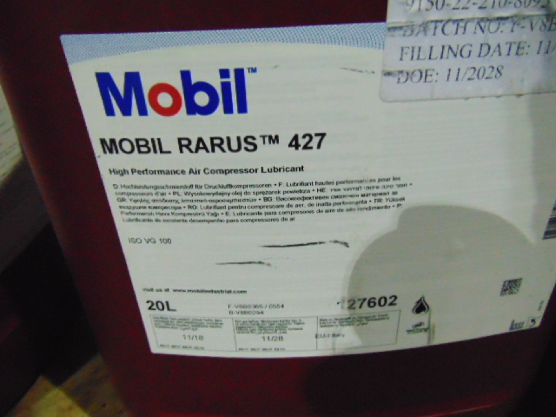 6 x 20 Ltr Mobil Rarus 427 Compressor Oil Unissued Direct from Reserve Stores - Image 2 of 2