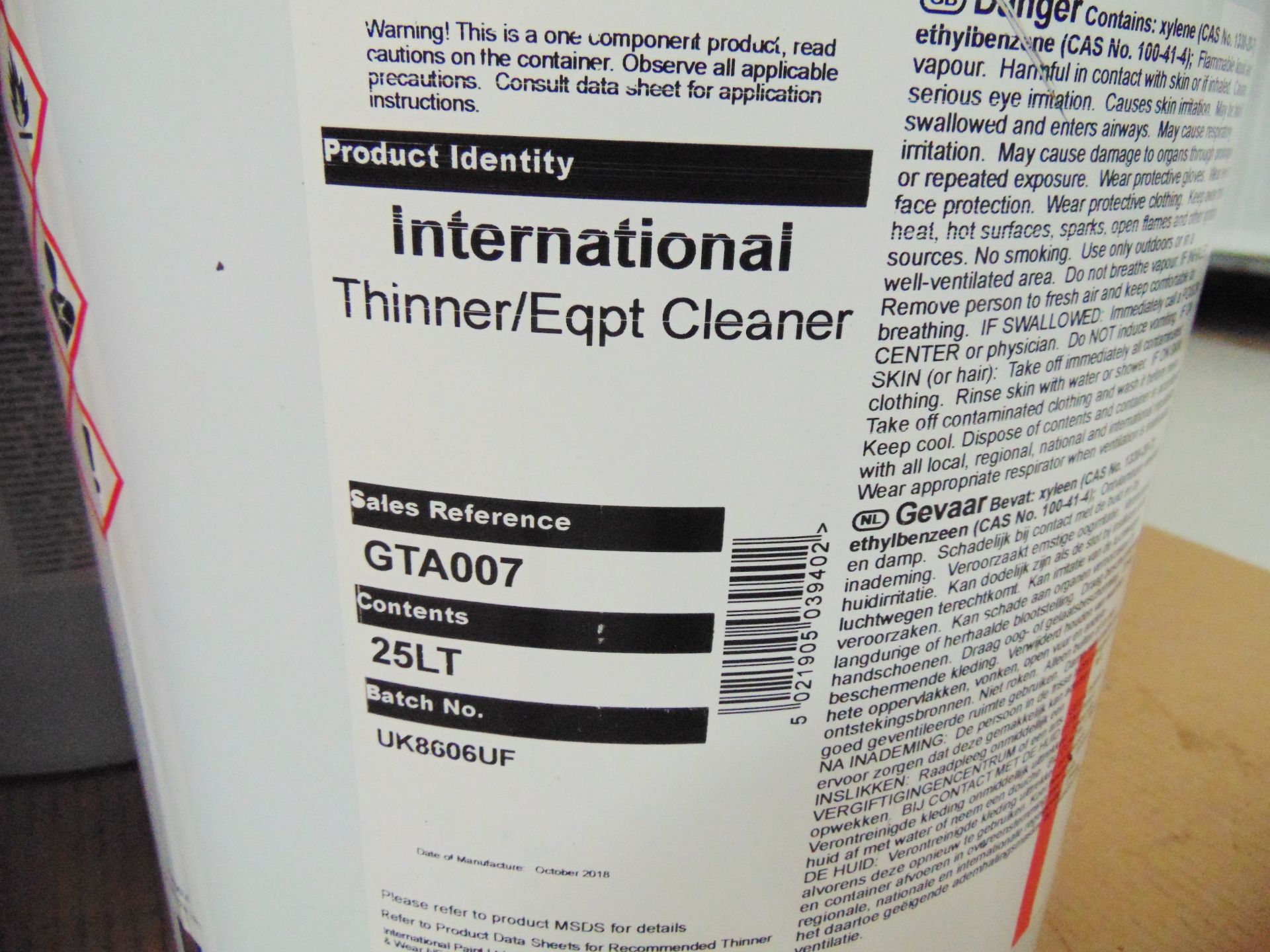 5 x 25L Tin of International Thinners / Equipment Cleaner GTA007 - Image 3 of 3