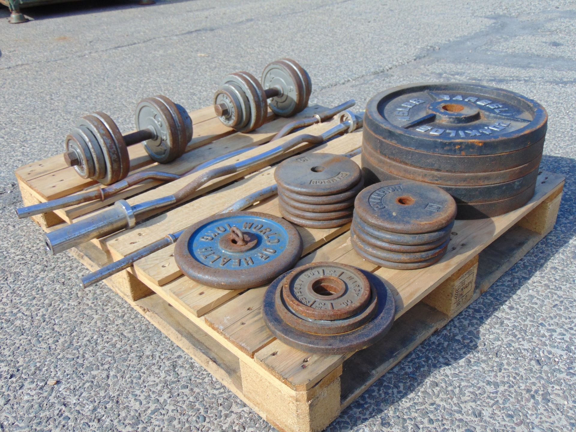 Pallet Mixed Barbell Weight Plates, Dumbbells & Bars
