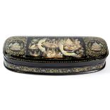 A Russian papier-mâché box
Of rounded rectangular form raised on a folded foot rim,